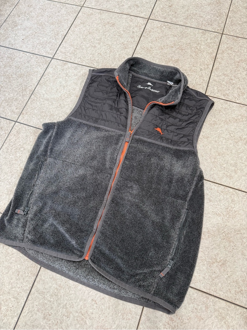 Tommy Bahama Charcoal Gray Fleece Vest with Orange Trim